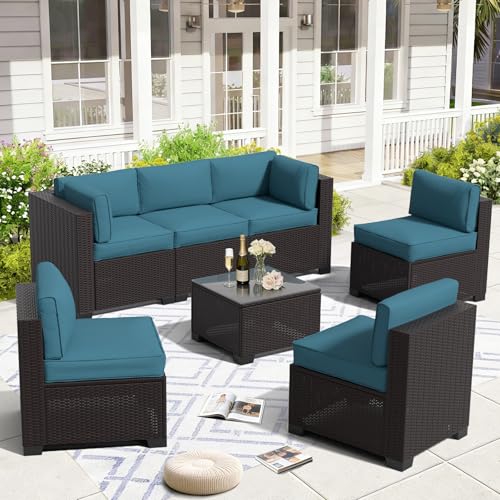 Image of 7 Piece Patio Furniture Set, Wicker Patio Conversation Sets, Outdoor Sectional Furniture with Tempered Glass Table, for Backyard, Deck, Garden, Dark Brown Rattan & Peacock Blue Cushions