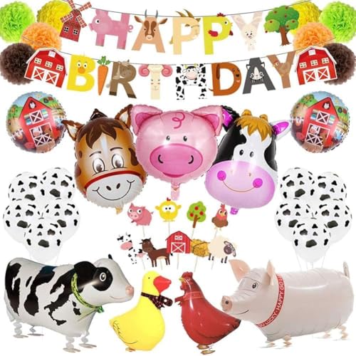 Deluisho Decorações de animais de quinta para animais de aniversário, decorações de aniversário de animais de estimação conjunto de balões de festa de aniversário balões com tema de quinta bandeira