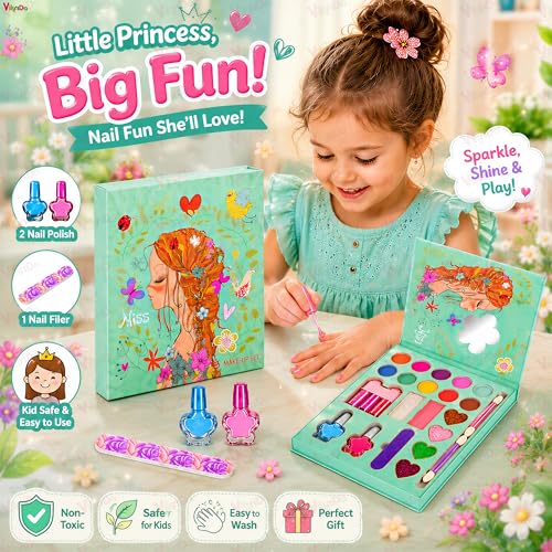 Image of VikriDA Kids Makeup Kit for Girls, Washable Pretend Play Makeup Set with Folding Cosmetic Case, Safe Non-Toxic Children Beauty Toy