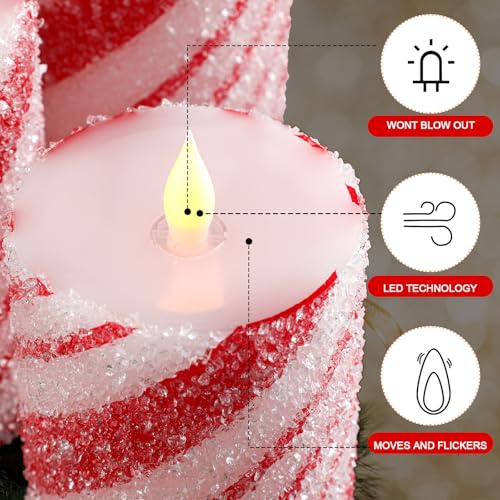 Image of Baquler 3 Pcs Christmas Flameless Candles Pastel Candy Cane LED Pillar Candle Peppermint Glitter Red and White Battery Operated Candlestick for Xmas Party Holiday Table Home Decoration(Thin Stripe)