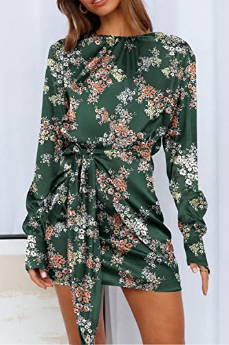 Prettygarden Women's 2023 Spring Satin Dress Long Sleeve Tie Waist Elegant Cocktail Party Mini Dresses (Print Dark Green Pink Floral,Medium) #TOP1