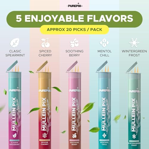 Image of PUREPIX Mullein Pix Flavored Toothpicks Infused with Mullein Leaf, Extra Thick Natural Alternative to the Hand-to-Mouth Habit, 4 Flavor Pack, Plant-Based Herbal Sticks, Nicotine Free, Kosher Vegan