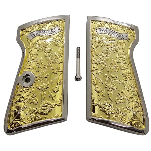 Custom Metal Grips for Walther PPK/PPK-S – Scroll Engraved Panels with Nickel Gold Polished Finish and Matching Screw