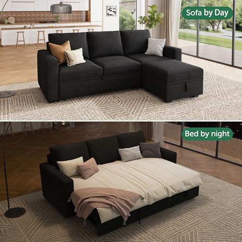 Image of HONBAY Modular Sectional Sleeper Sofa with Pull Out Bed, L Shaped Couch with Storage Seat, Modular Sectional Couches for Living Room - Black