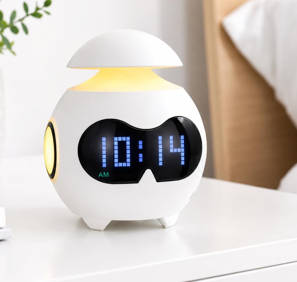Image of Robot Designed Digital Alarm Clock with Wireless Bluetooth Speaker for Songs | USB Powered Wake Up Alarm Clock with Emoji, Dual Alarm Setting, with Adjustable Night Light (1-pcs)