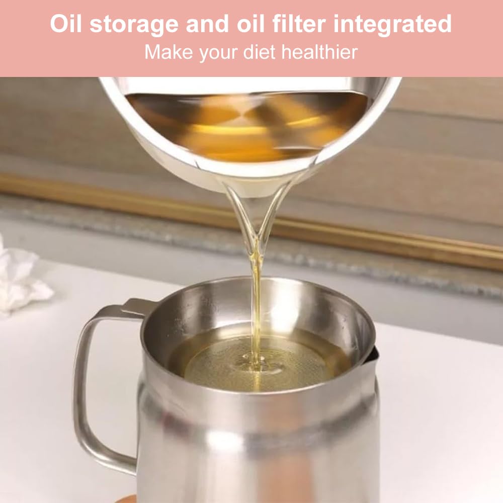 Stainless Steel Oil Filter Pot 2L, Contenitore per Grasso con Filtro a Maglia Fine e Coperchio, Bacon Grease Container, Large Capacity Versatile Oil Filter Pot per Conservare Olio da Frittura