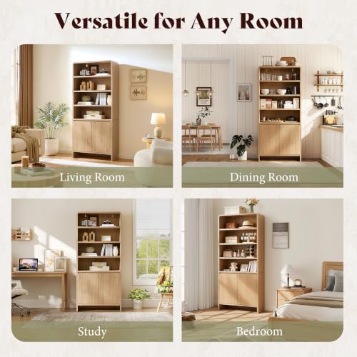 Image of AMERLIFE 71 inch Modern Wood Bookcase with Storage Cabinets, Nature Oak | 6 Tier Bookshelf, Large Space, Adjustable Shelves, Curved Design, Ideal for Living Room, Bedroom, Home Office, Easy Assembly