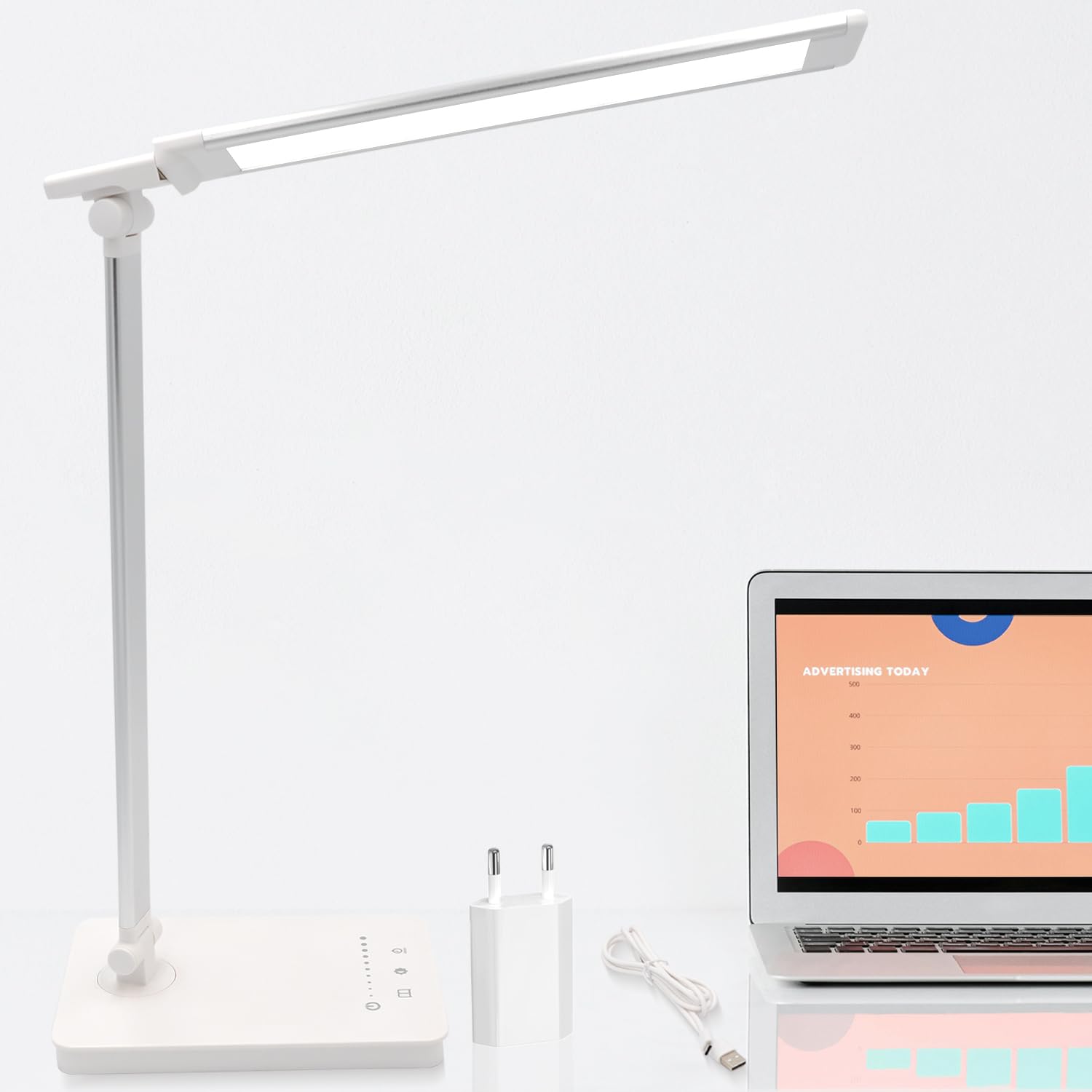 Qualore Lámpara Escritorio, Flexo Led Escritorio con 5 Niveles de Brillo y 5 Modos, Carga USB-C, Temporizador, Cuidado Ojos, Función de Memoria, Control Táctil, Luz Nocturna Mesita Studiar Infantil