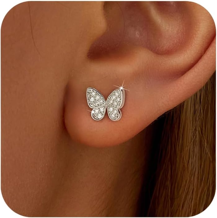 SUYACS 925 Sterling Silver Butterfly Earrings for Women 14k Gold Plated Cute Butterfly CZ Stud Earring Dainty Insect Animal Hypoallergenic Earring Jewelry Christmas Gifts for Mom Daughter