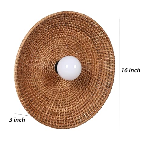Image of AKWAY Rattan Wall Lamps for Living Room | Bamboo Wall Lights for Bedroom | Cane Wall scones for Home Decoration (Cane Big Saucer - Brown)