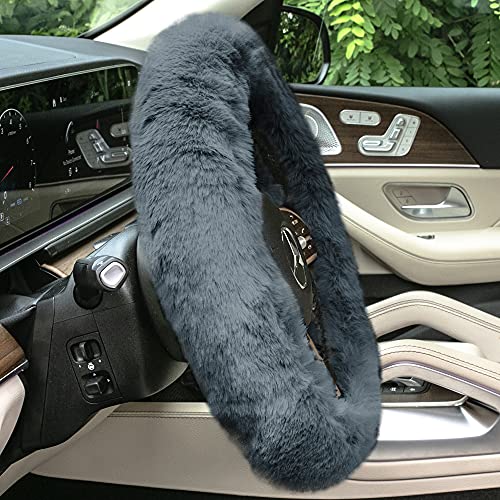 Image of FH Group Universal Fit Doe16 Faux Rabbit Fur Cozy Steering Wheel Cover fits Most Cars, SUVs, Trucks, and Vans, Ultimate Protection Gray