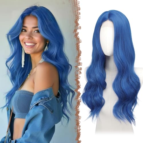 FESHFEN Perücke Blau für Damen Synthetik Lace Front Gewellt Perücken