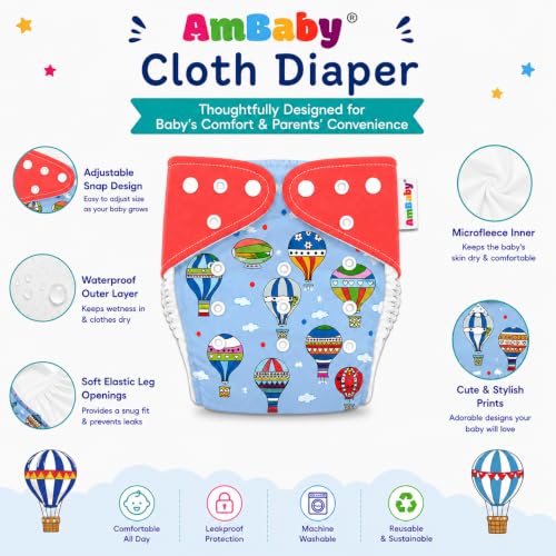 Image of Ambaby Pack of 4 Premium Pocket Cloth Diapers with 2 Diaper Covers & 2 High-Absorbency 4Layer Insert Pads. Leak-Proof, Adjustable, Breathable, Reusable & Washable. Fits Babies 3 Months-3 Years(3-18kg)