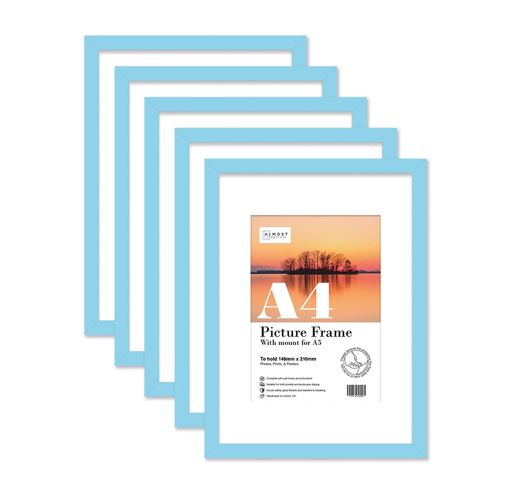 Almost Frameless A4 Light Blue Picture Frame Set of 5, Display A5 Pictures with Mount or A5 Without Mount Gallery Wall, Poster, Photo, Artwork, or Print, Light Blue — image 1