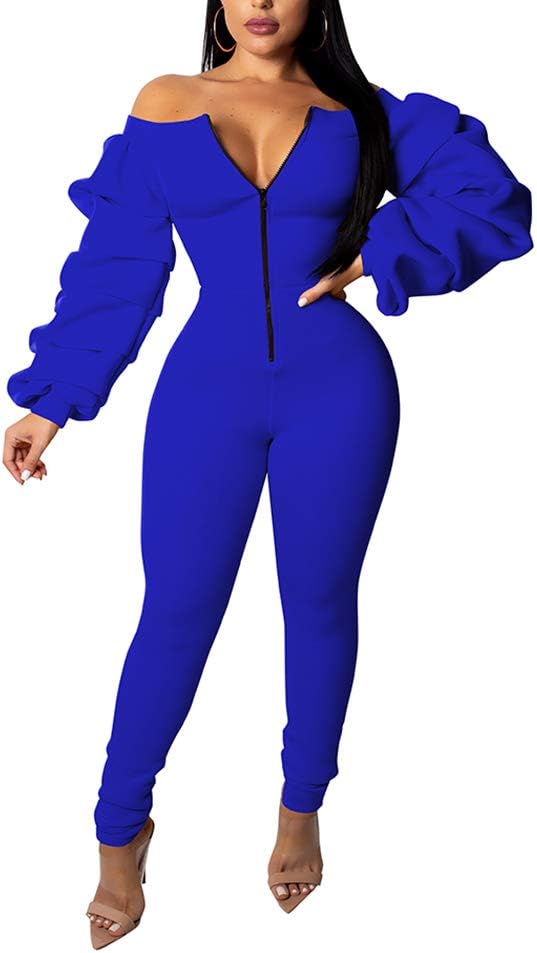 Ophestin Women Off Shoulder Front Zip Up Long Sleeve Ruched Long Pants Long Bodycon Jumpsuits Rompers