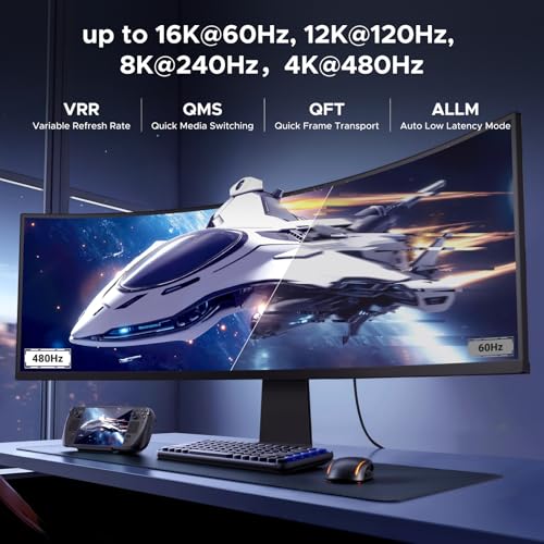 UGREEN 16K HDMI 2.2 câble Ultra Haute vitesse, 8K@240Hz 4K@480Hz, VRR ALLM eARC Lèvre HDR10+ Dolby Atmos Vision, HDCP 2.3, Compatible avec PS5 PS4 Xbox Series X S PC moniteur HDTV SoundBar (6.6FT)