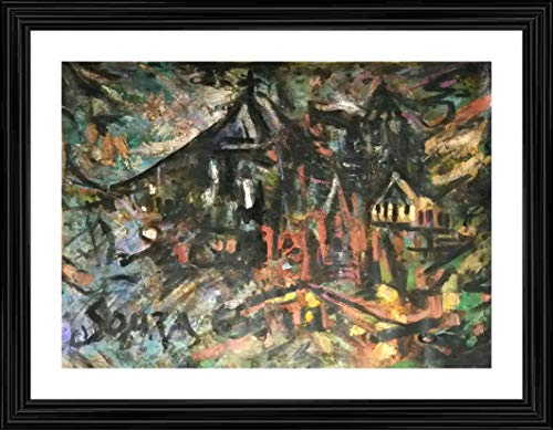 Image of Decoratus� *Multicoloured Villagescape* (1965)- Famous Painting by Francis Newton Souza, Wall D�cor Frame. Matt Satin Print with MDF & 2 inchPS Black Frame. Size 16 inchx21 inch