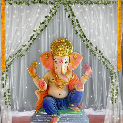 Special You Ganpati Decoration Items for Home, Sheer net Backdrop Cloth for Pooja Decoration with LED Light, Backdrop for Pooja Room Decoration Items, ganpati Decoration background-10 Pcs