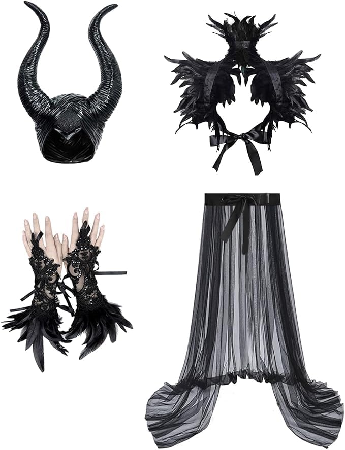 AOLIUP Deguisement Malefique Femme: Maléfique Costume Adulte - Méchante Reine Sorciere Gothique Robe avec Corne Plume Cape et Gant pour Halloween Carnaval Cosplay Tenue De Fête