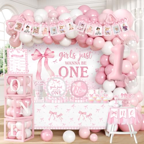 Pink Bow 1st Birthday Decorations 271Pcs Girls Just Wanna Be One Birthday Decorations All-in-1 Kit with Tableware Balloon Arch Backdrop Banner Balloon Boxes High Chair Banner Cupcake Toppers 1st Hat