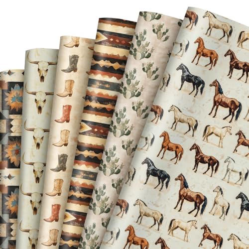 FYSUIMU 12 Sheets Western Cowboy Wrapping Paper - Not Roll - Vintage Cow Horse Cactus Gift Wrap Paper Folded Flat for DIY Crafts Wild West Rodeo Birthday, 19.7 x 27.6 Inch