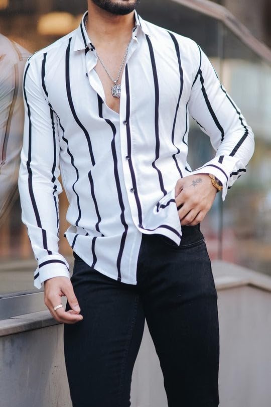 Image of MiraMichi Men's Striped Slim Fit Lycra Shirt | Full Sleeve Stretchable Shirt | Trendy Black and White Vertical Stripes for Casual