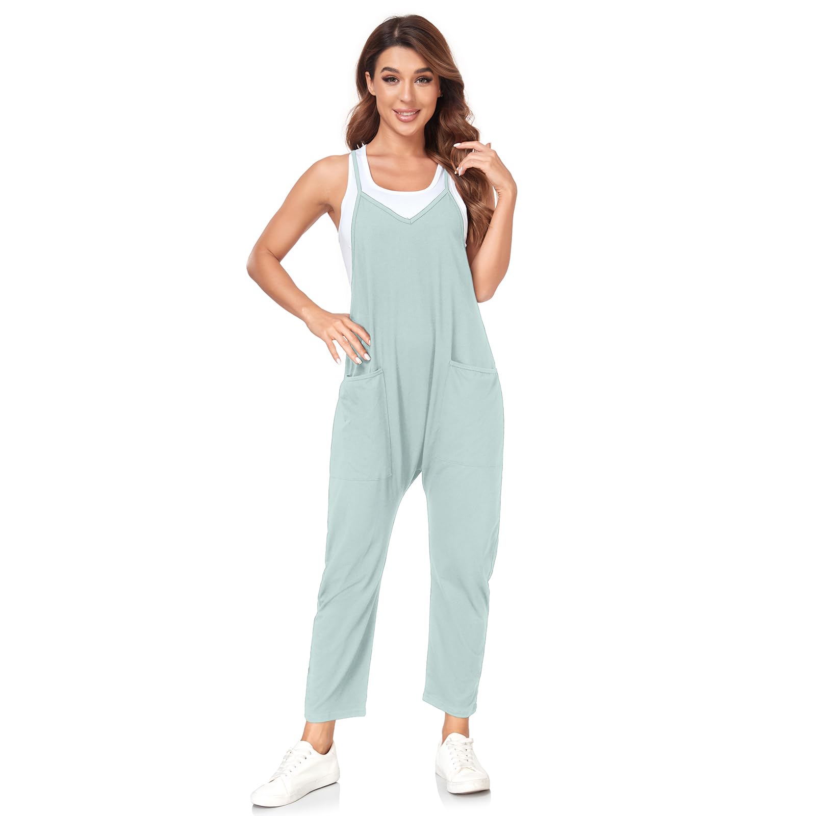 VUTRU Stylischer Damen Sommer Overall – Ärmelloser Jumpsuit mit lockerer Passform,V-Ausschnitt,trendy Spaghetti-Träger und praktischen Taschen für einen bequemen und modischen Look