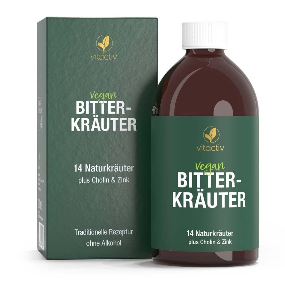 Vitactiv BITTERKRÄUTER - Bittertropfen ohne Alkohol, 200ml (117 Tage) - Erlesene Kräuter plus Cholin, Zink - Bitterstoffe Tropfen nach Hildegard von Bingen - Ohne Künstliche Zusätze, Zuckerfrei, Vegan