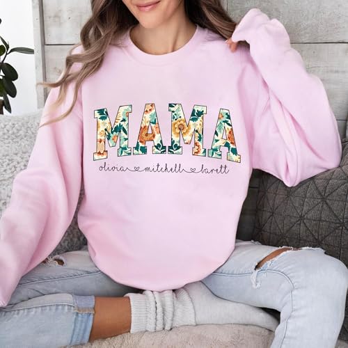 Personalized Floral Mama Sweatshirt with Kidnames, Trendy Custom