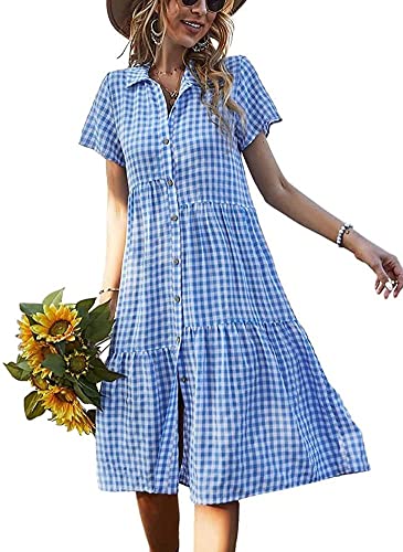 Lazutom Robe de plage d'été pour femme - Robe midi longue vichy boutonnée, bleu, 24