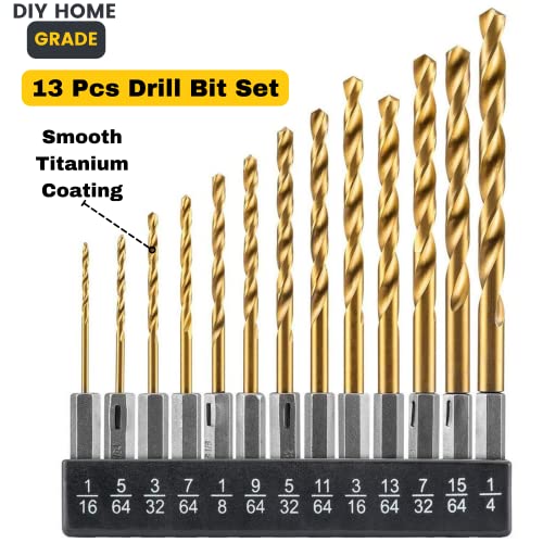 Drill Bit Set Titanium Coated Quick Change Hex Shank Drill Bit Set For Wood Soft Metal Plastic Improved Design 1/16” To 1/4” Holder Included Twist Drill Bit Set High Speed Steel #TOP1