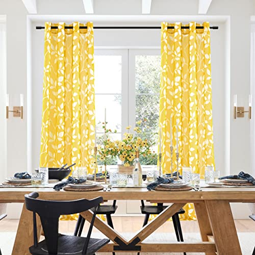 Xtmyi Yellow Sheer Curtains 84 Inch Length For Living Room 2 Panels Set,Lightweight Leaf Pattern Design Print Mustard Yellow Curtains For Bedroom Spring Wall Decor,Gold And White #TOP5