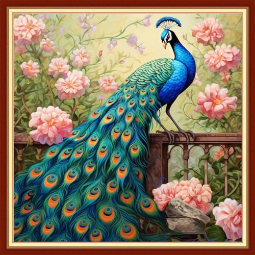 Image of Dimensean Stamped Cross Stitch Kits Full Range of Embroidery Patterns Starter Kits for Beginners Adult DIY Cross Stitches Needlepoint Kits 11CT-Auspicious Peacock 18x18 inch