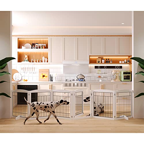 4Nm No-Assembly Folding 144" Extra Wide 30" Tall Wooden Dog Gate With Door Walk Through, Freestanding Wire Pet Gate, Accordion Puppy Gate, With 2Pcs Support - White #TOP3