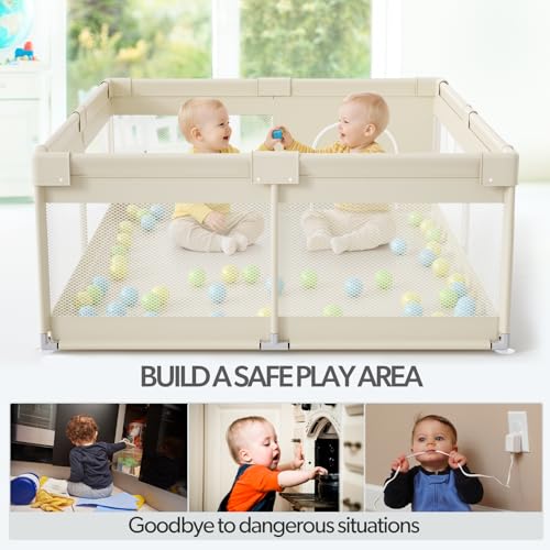 Image of Fodoss Baby Playpen, 59x69in Beige Playpen for Babies and Toddlers, Play Pen for Apartment, Kids Activity Fence, Baby Playard with All-Side Mesh, Pull Rings