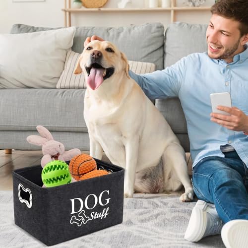 Korb für Hundespielzeug Mit Metallgriff - Aufbewahrungsbox Aus Filz in Schwarz, 38*27*25 Cm, Haustier Spielzeug Aufbewahrung