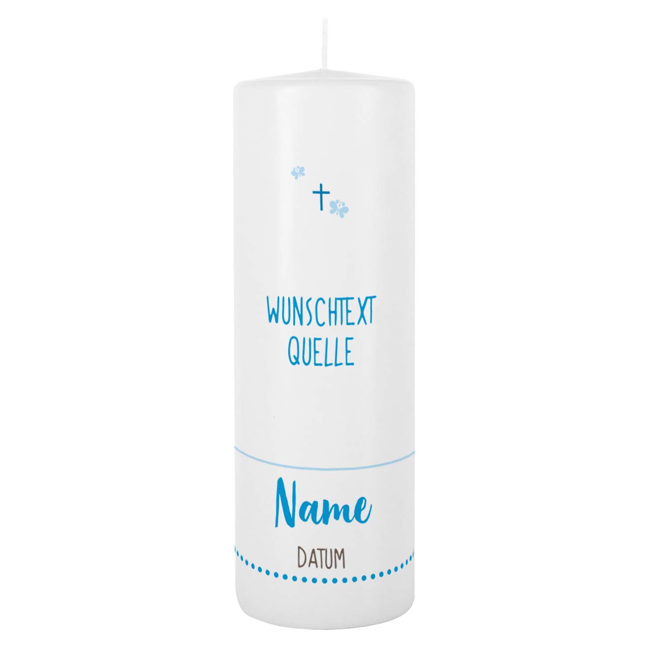 Striefchen® Taufkerze 250/80 mm mit Lebensbaum und Aufdruck des Namen und Datum sowie Taufspruch Weiß - Blau