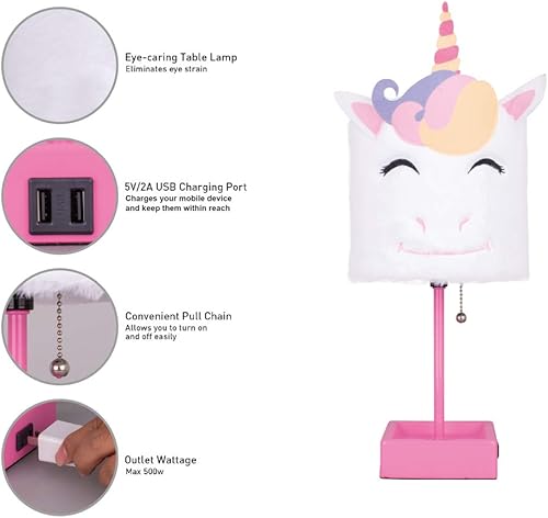 Miniatura 2 de Lámpara de mesa de unicornio con pantalla de felpa para regalos con 2 puertos de carga USB y 1 toma de corriente para dormitorio, lectura y sala de