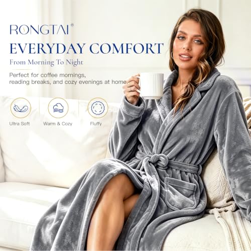 Image of RONGTAI Womens Bathrobe Ladies Fleece Plush Warm Long Robes Fleece Nightgown Sleepwear