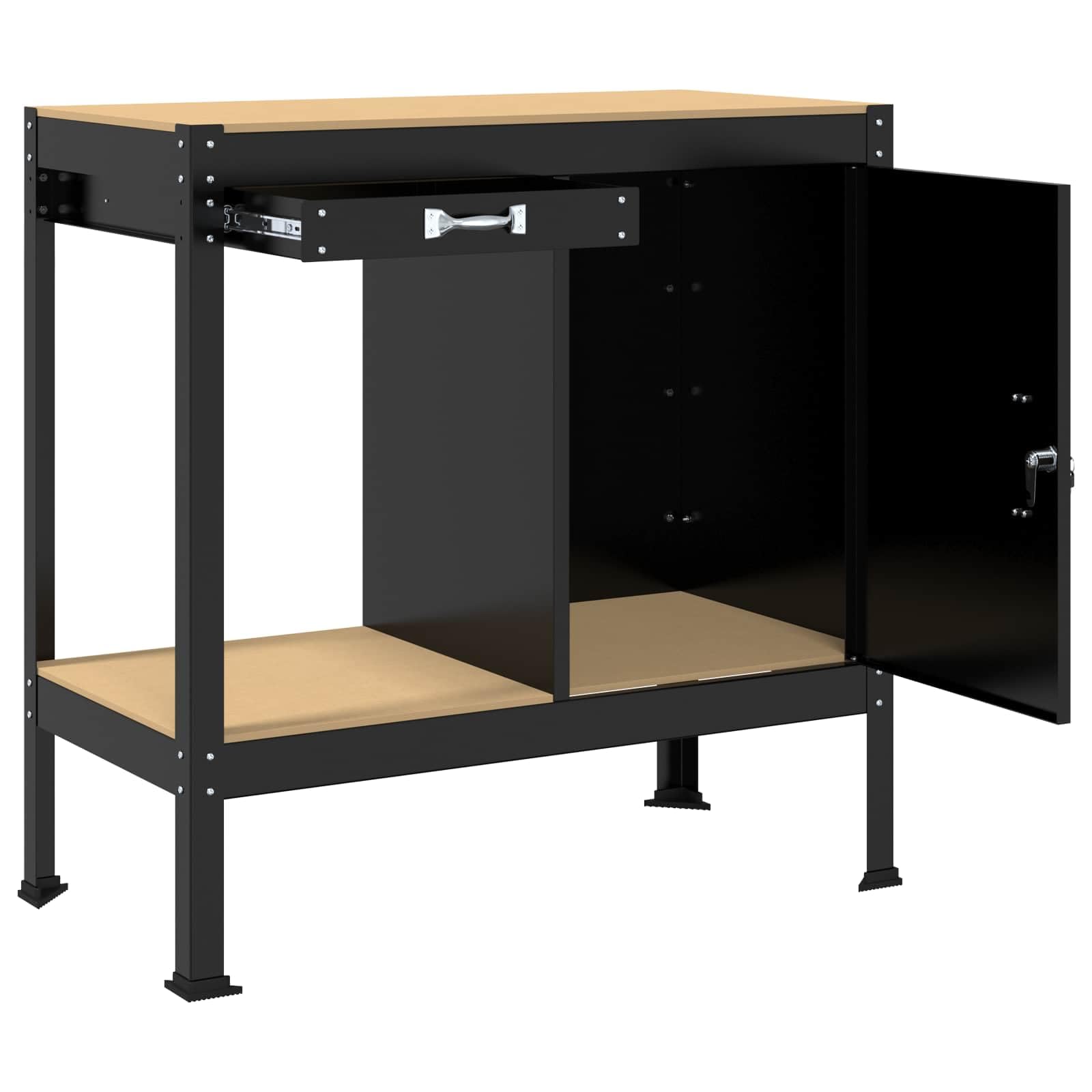 Banco da lavoro con ripiano nero in compensato e metallo, 90 x 49 x 91 cm, superficie di lavoro stabile con cassetto e parete forata per officina, garage, sala hobby organizzazione