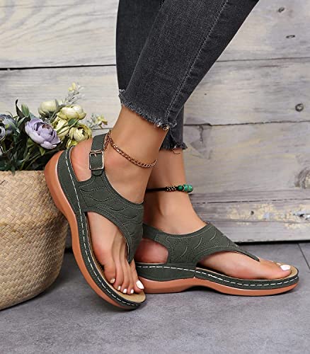 Dimleen Orthopedic Sandals, Womens Comfortable Platform Shoes Elastic Ankle Sandals for Women Casual Summer Wedge Flip Flops (Color : ArmyGreen, Size : 9/40)4