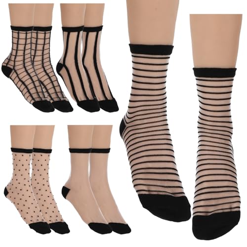 5Pairs See-Through Sheer Socks Women Ankle, Summer Thin Fishnet Glass Mesh Dress Socks for Women(Spotted,Plaid,Pure Transparent,Horizontal Stripes,Vertical Stripes
