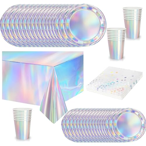 65 pièces Vaisselle Jetable Arc-en-ciel Holographique,Comprend Assiettes Carton Jetable Tasses Serviettesr en Papier et Nappe,Kit Decoration Anniversaire Fêtes Pique-niques Mariage Noël,Biodégradables