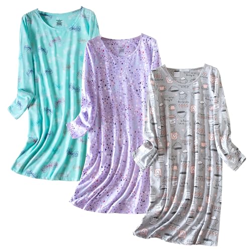 PNAEONG 3 Pack Womens Nightgown Long Sleeve Sleep Shirts Comfy Soft Nightshirt Women Pajama Sleep Dress Cotton Sleepwear Coffee+Purple+Fly-2XL