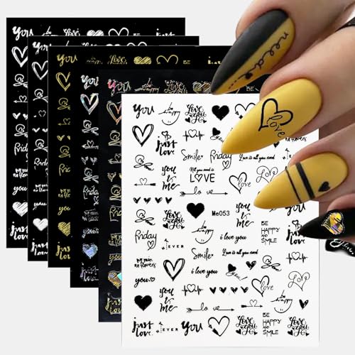 GEBETTER 6 Hojas Pegatinas para Uñas Adhesivas, Corazones Palabras, Calcomanías Uñas Autoadhesivas, Decoración Uñas Arte Nail Stickers Art Manicura Regalo Mujer Día San Valentín (6 Colores)