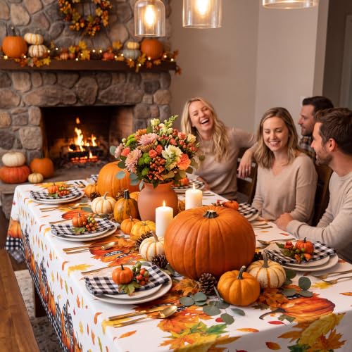 Image of Ganeen 3 Pcs Fall Pumpkin Tablecloth Thanksgiving Orange Pumpkin Maple Leaf Plastic Table Cloth Disposable Buffalo Plaid Table Cover for Fall Autumn Harvest Party Holiday Dining Decor, 108 x 54 Inch