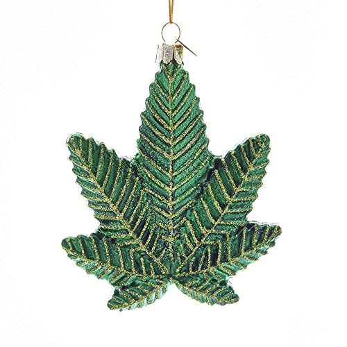 Kurt S. Adler Collections Etc Sparkling Green Glass Cannabis Leaf Christmas Ornament