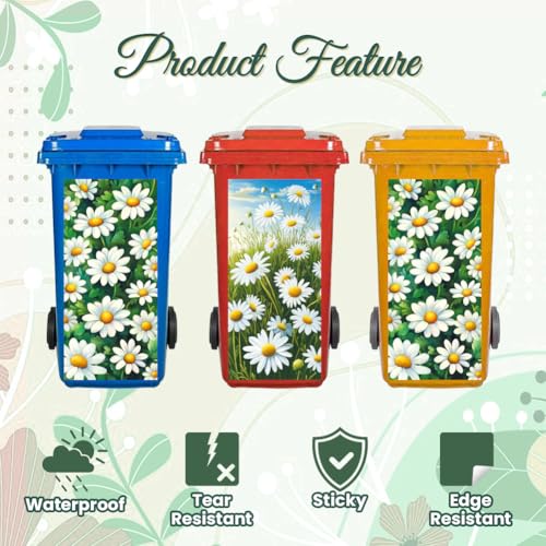 Image of Peacoblue Wheelie Bin Stickers 2 Sheets Daisy and Butterfly Sticky Dustbin Stickers Decals, 15 inch x 32 inch Waterproof Large Wraps for Trash Cans Bins Fridges Door Wall Garden Outdoor Indoor Patio Decor