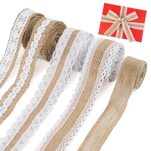 Juteband Spitzenband 5 Rollen 2M Juteband mit Spitze Natürliche Juteband für Geburtstag Party Hochzeit Weihnachten Tischdeko DIY Basteln