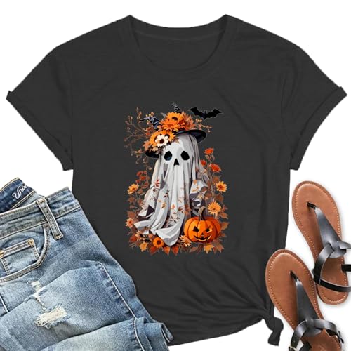 Halloween Shirts Women Spooky Ghost Autumn Pumpkin T-Shirt Funny Flower Ghost Graphic Tee Tops